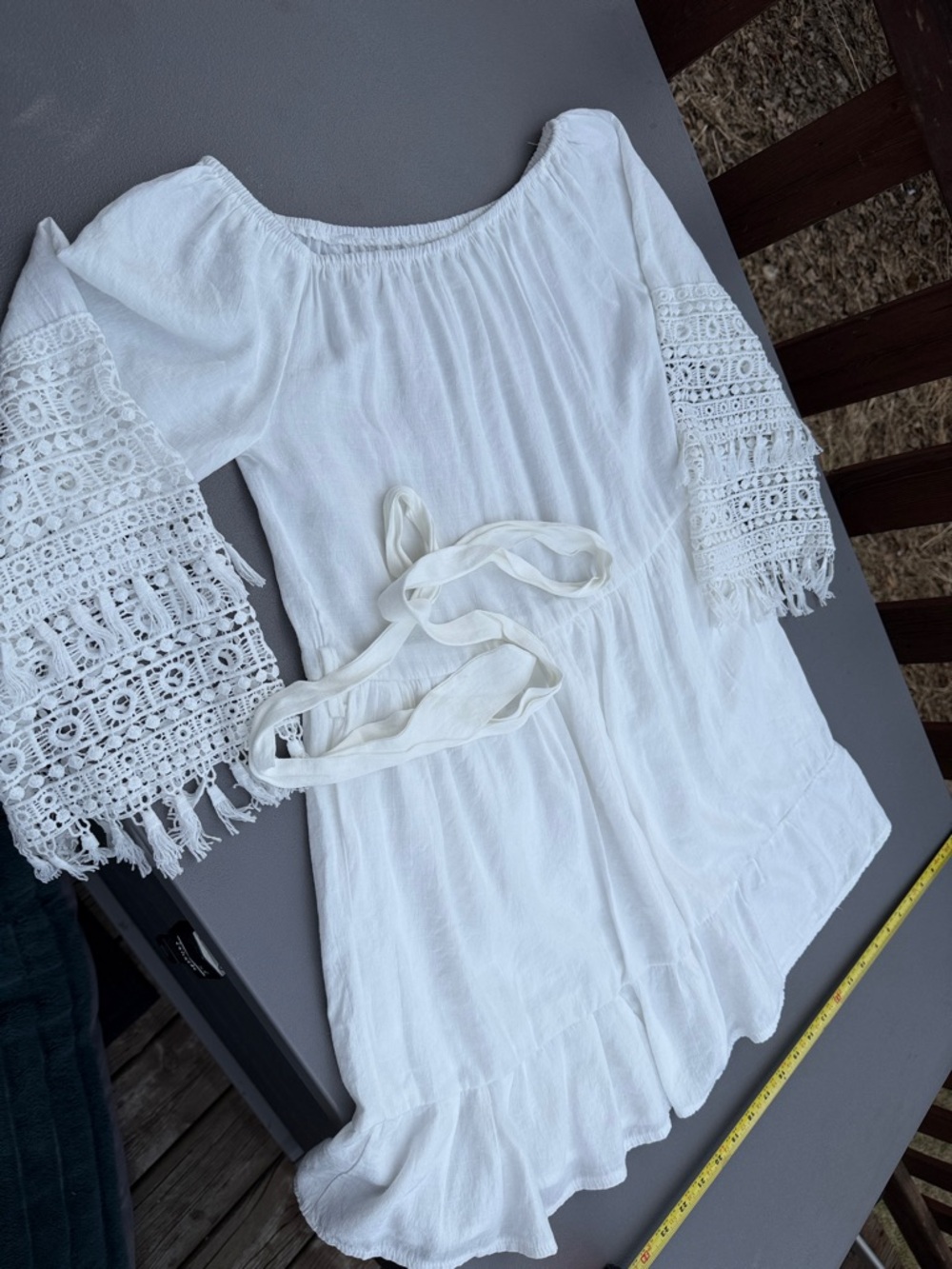 White off shoulder Crochet-tassel Sleeve Women’s Peasant Top mini Dress Tiered